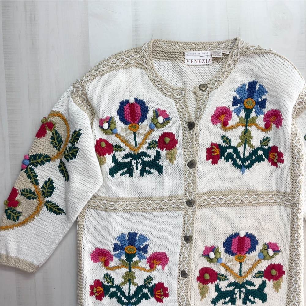 VENEZIA hand knit floral bird cardigan sweater vintage 14 16 - Picture 3 of 11